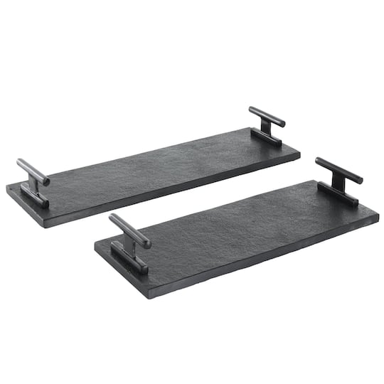 Black Marble Slim Textured Living Room Décor Tray with Rod Handles, 2ct.